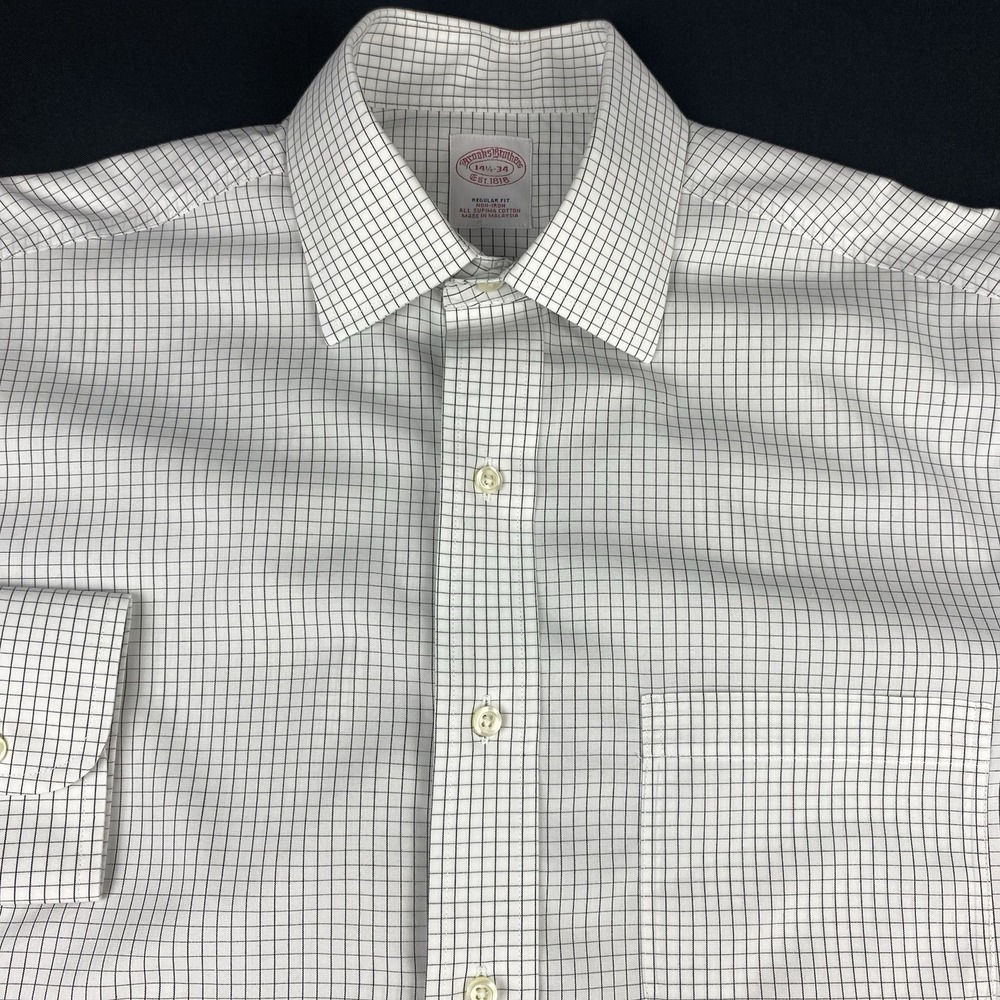 Brooks Brothers Dress Shirt Mens 14.5-34 White/Black Checks Regular Fit No Iron